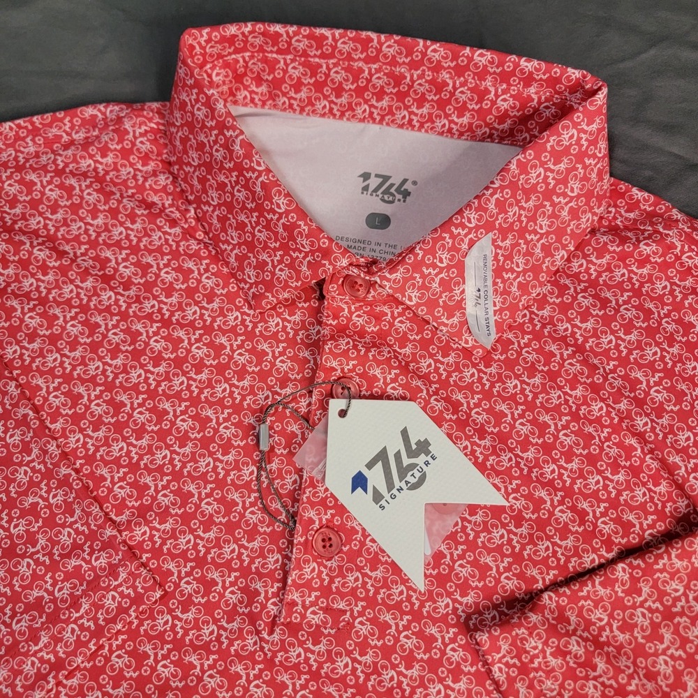 New 1764 Signature Men's Golf Polo Men's Large Red All Over Print Bicycles NWT